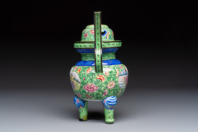 A Chinese Canton enamel green-ground three-piece altar set, 19th C.