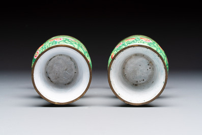 A Chinese Canton enamel green-ground three-piece altar set, 19th C.