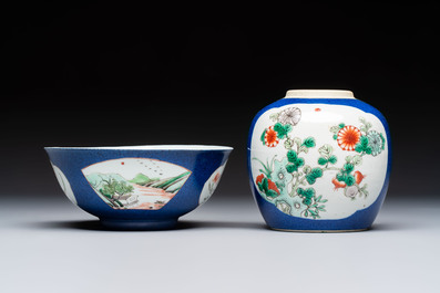 A gilt-bronze-mounted Chinese famille verte vase, a powder-blue-ground bowl and a jar, 19th C.