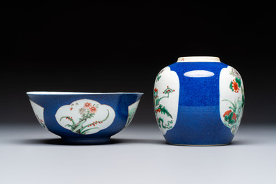 A gilt-bronze-mounted Chinese famille verte vase, a powder-blue-ground bowl and a jar, 19th C.