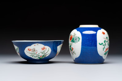 A gilt-bronze-mounted Chinese famille verte vase, a powder-blue-ground bowl and a jar, 19th C.