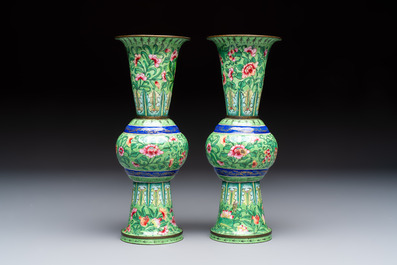 A Chinese Canton enamel green-ground three-piece altar set, 19th C.