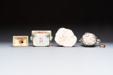 Four Japanese sculptures, a rooster-form ewer and a covered censer, Wanli mark, 19/20th C.