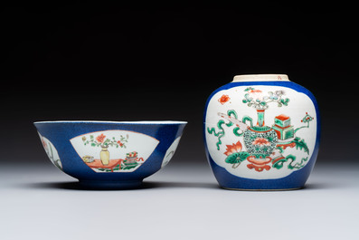 A gilt-bronze-mounted Chinese famille verte vase, a powder-blue-ground bowl and a jar, 19th C.