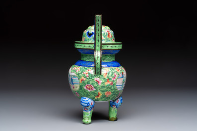 A Chinese Canton enamel green-ground three-piece altar set, 19th C.