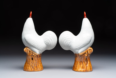 A pair of Chinese polychrome-glazed roosters, 20th C.