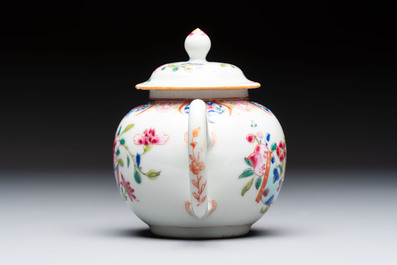 A Chinese famille rose teapot and cover with floral design and three cups, Qianlong