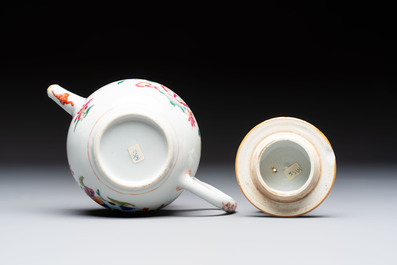 A Chinese famille rose teapot and cover with floral design and three cups, Qianlong