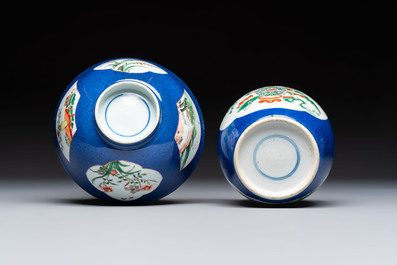 A gilt-bronze-mounted Chinese famille verte vase, a powder-blue-ground bowl and a jar, 19th C.