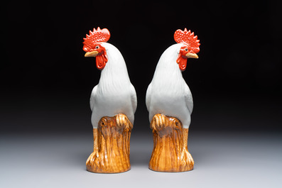 A pair of Chinese polychrome-glazed roosters, 20th C.