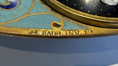 A large champlev&eacute; enamelled gilt bronze dish with enamel medallions, illegibly signed, probably France, 19th C.