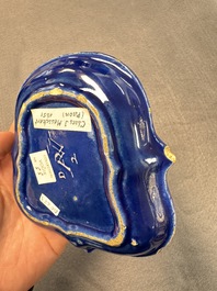An extremely rare Dutch Delft 'Persian Blue' shield-shaped condiment dish, late 17th C.