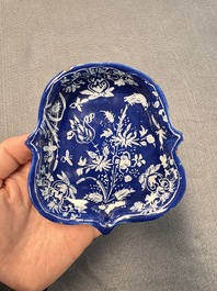 An extremely rare Dutch Delft 'Persian Blue' shield-shaped condiment dish, late 17th C.