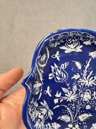 An extremely rare Dutch Delft 'Persian Blue' shield-shaped condiment dish, late 17th C.