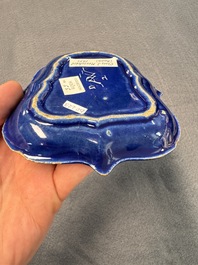 An extremely rare Dutch Delft 'Persian Blue' shield-shaped condiment dish, late 17th C.