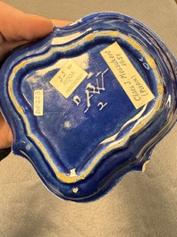 An extremely rare Dutch Delft 'Persian Blue' shield-shaped condiment dish, late 17th C.