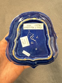 An extremely rare Dutch Delft 'Persian Blue' shield-shaped condiment dish, late 17th C.