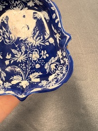 An extremely rare Dutch Delft 'Persian Blue' shield-shaped condiment dish, late 17th C.