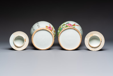 Two Chinese famille rose 'Birds among Flowering Branches' covered vases and a covered jar, 19/20th C.