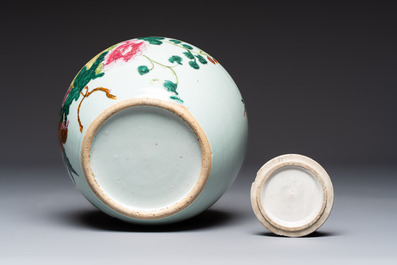 Two Chinese famille rose 'Birds among Flowering Branches' covered vases and a covered jar, 19/20th C.