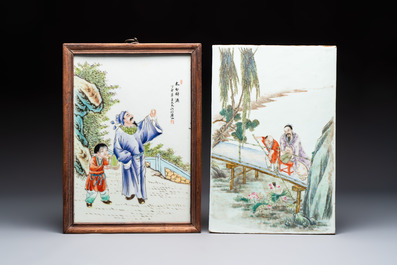 Two Chinese famille rose 'Li Bai 李白' and 'Zhou Dunyi 周敦頤' plaques, one after Wang Dafan 王大凡 and dated 1927, 20th C.