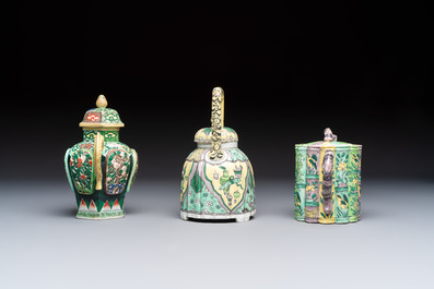 Three famille verte-style and verte biscuit-style teapots, a wine pot and a model of Dongfang Shuo, Samson, Paris, Ding mark, 19th C.