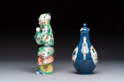 Three famille verte-style and verte biscuit-style teapots, a wine pot and a model of Dongfang Shuo, Samson, Paris, Ding mark, 19th C.
