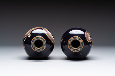 A pair of Japanese silver wire cloisonn&eacute; 'Dragon' vases, Meiji, 19th C.