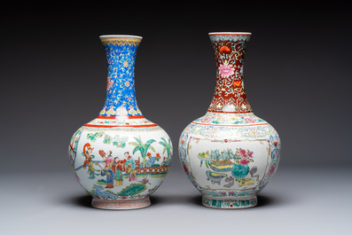 A pair of Chinese famille rose 'Playing Boys' vases, an 'Antiquities' vase and a vase with narrative design, Qianlong marks, 20th C.
