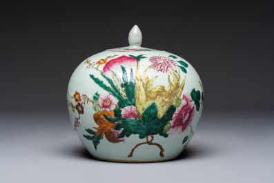 Two Chinese famille rose 'Birds among Flowering Branches' covered vases and a covered jar, 19/20th C.