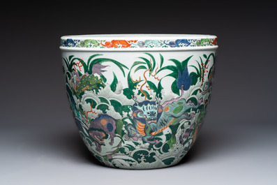 A fine famille verte-style 'Mythical Beasts and Fish' scroll pot or jardini&egrave;re, Samson, Paris, 19th C.