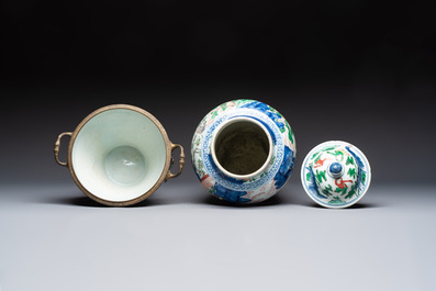 A Chinese wucai covered vase with narrative design and a jar mounted as a wine cooler, Transitional period