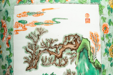 An impressive and fine pair of large Chinese famille verte 'Fishermen and Antiquities' rouleau vases, seal marks, Kangxi