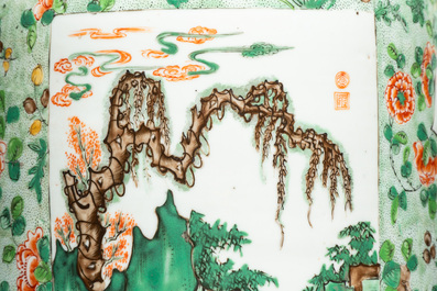 An impressive and fine pair of large Chinese famille verte 'Fishermen and Antiquities' rouleau vases, seal marks, Kangxi