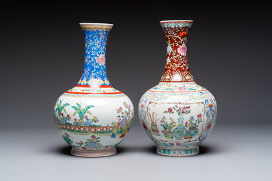 A pair of Chinese famille rose 'Playing Boys' vases, an 'Antiquities' vase and a vase with narrative design, Qianlong marks, 20th C.