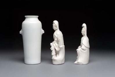 Two Chinese Dehua blanc de Chine groups of Guanyin and a vase with lion-head handles, 18th C. and later
