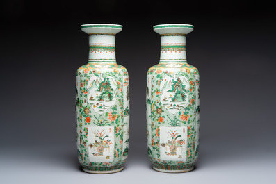 An impressive and fine pair of large Chinese famille verte 'Fishermen and Antiquities' rouleau vases, seal marks, Kangxi