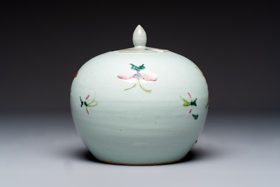 Two Chinese famille rose 'Birds among Flowering Branches' covered vases and a covered jar, 19/20th C.