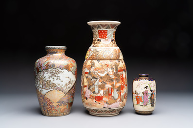 Three Japanese Satsuma vases, various marks, 19/20th C.