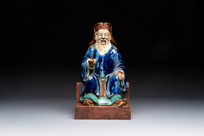 A Chinese polychrome-glazed Shiwan stoneware figure of Tudigong, a 'Shoulao' group and a 'Go Players' group, China marks, 19/20th C.