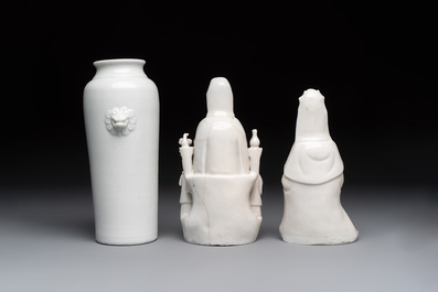 Two Chinese Dehua blanc de Chine groups of Guanyin and a vase with lion-head handles, 18th C. and later