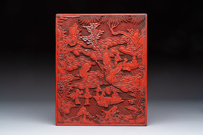 A Chinese cinnabar lacquer plaque, a vase, and a pair of covered vases, 19/20th C.