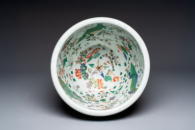 A fine famille verte-style 'Mythical Beasts and Fish' scroll pot or jardini&egrave;re, Samson, Paris, 19th C.