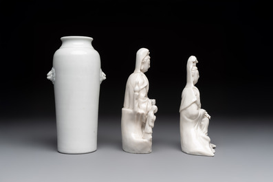 Two Chinese Dehua blanc de Chine groups of Guanyin and a vase with lion-head handles, 18th C. and later