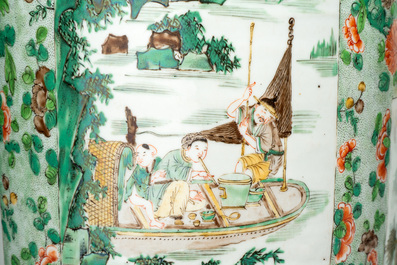 An impressive and fine pair of large Chinese famille verte 'Fishermen and Antiquities' rouleau vases, seal marks, Kangxi