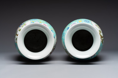 A pair of Chinese famille rose 'Playing Boys' vases, an 'Antiquities' vase and a vase with narrative design, Qianlong marks, 20th C.