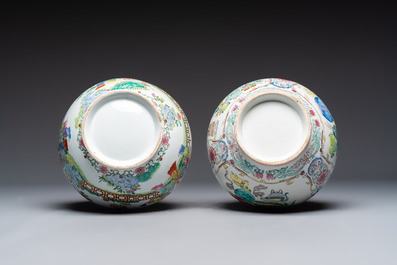 A pair of Chinese famille rose 'Playing Boys' vases, an 'Antiquities' vase and a vase with narrative design, Qianlong marks, 20th C.