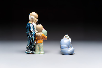 A Chinese polychrome-glazed Shiwan stoneware figure of Tudigong, a 'Shoulao' group and a 'Go Players' group, China marks, 19/20th C.