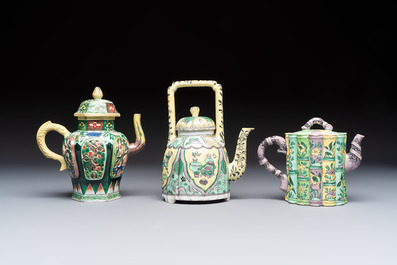 Three famille verte-style and verte biscuit-style teapots, a wine pot and a model of Dongfang Shuo, Samson, Paris, Ding mark, 19th C.