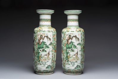 An impressive and fine pair of large Chinese famille verte 'Fishermen and Antiquities' rouleau vases, seal marks, Kangxi